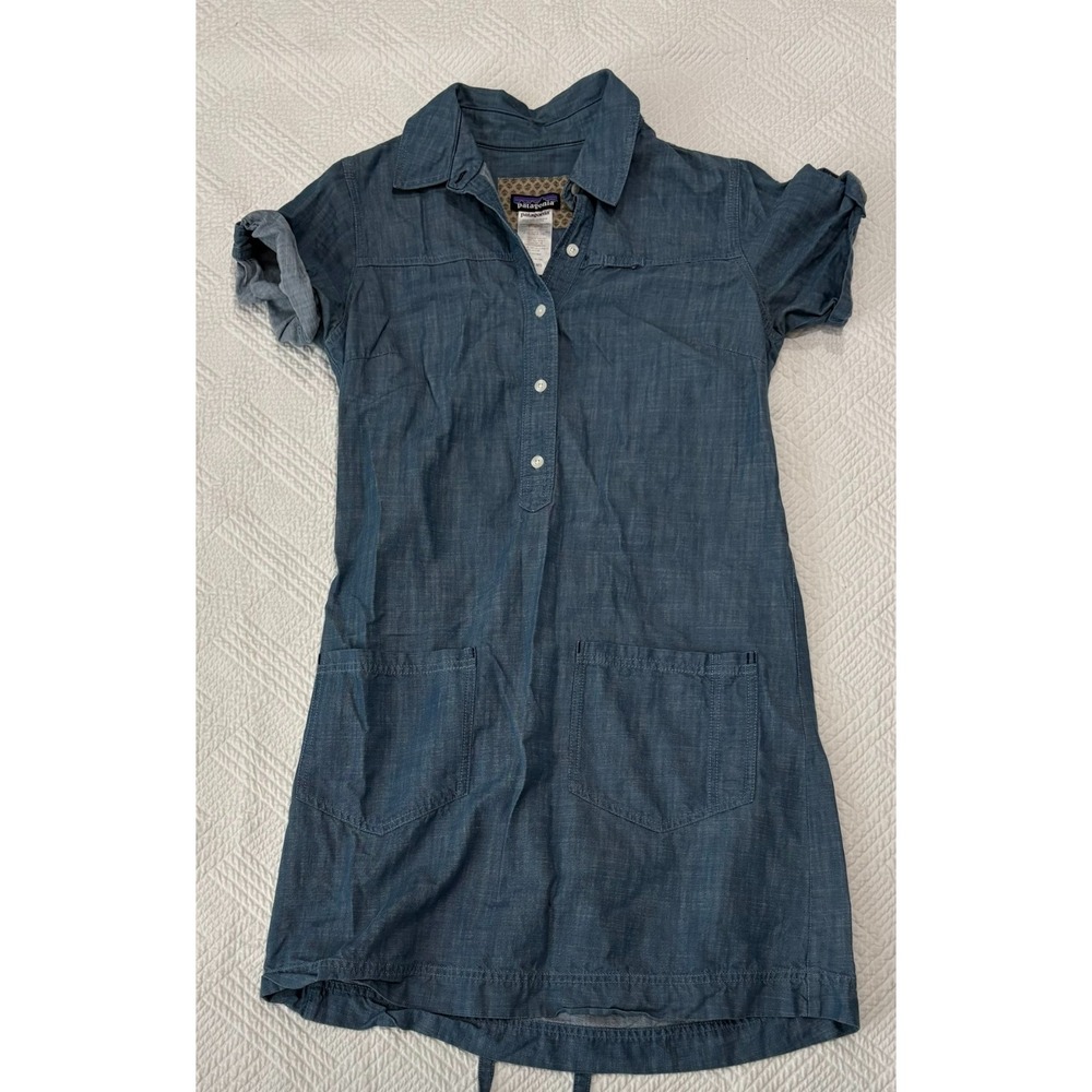 Patagonia Women's Denim Shirt Dress Size 6 Pockets Rolled Sleeve Button Blue